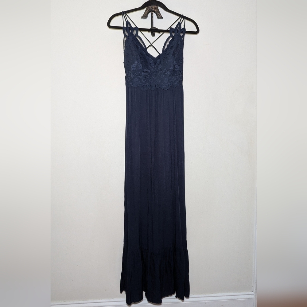 Mi Ami Blue Lace Maxi Dress with Crisscross Straps Boho NEW Women's Size S